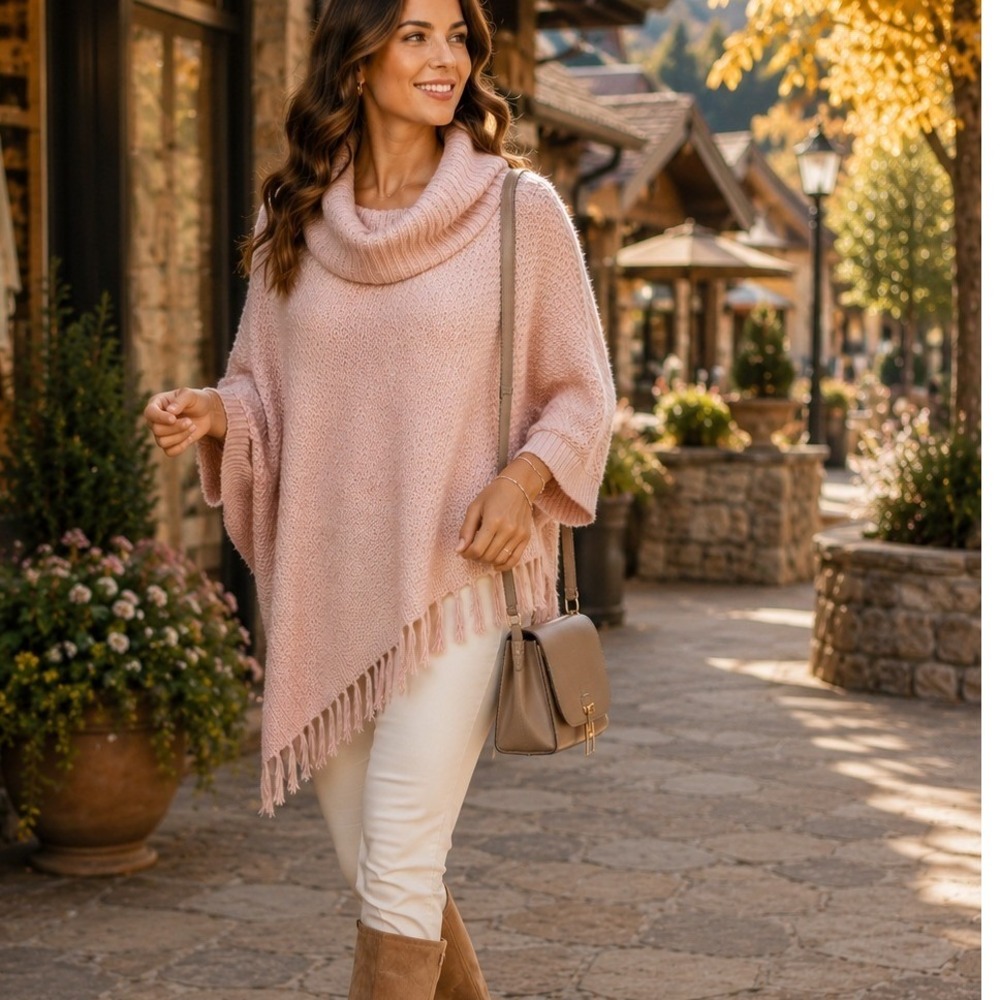 New York & Company Blush Knit Fringe Poncho Sweater L/XL Petite Ribbed Cozy Chic